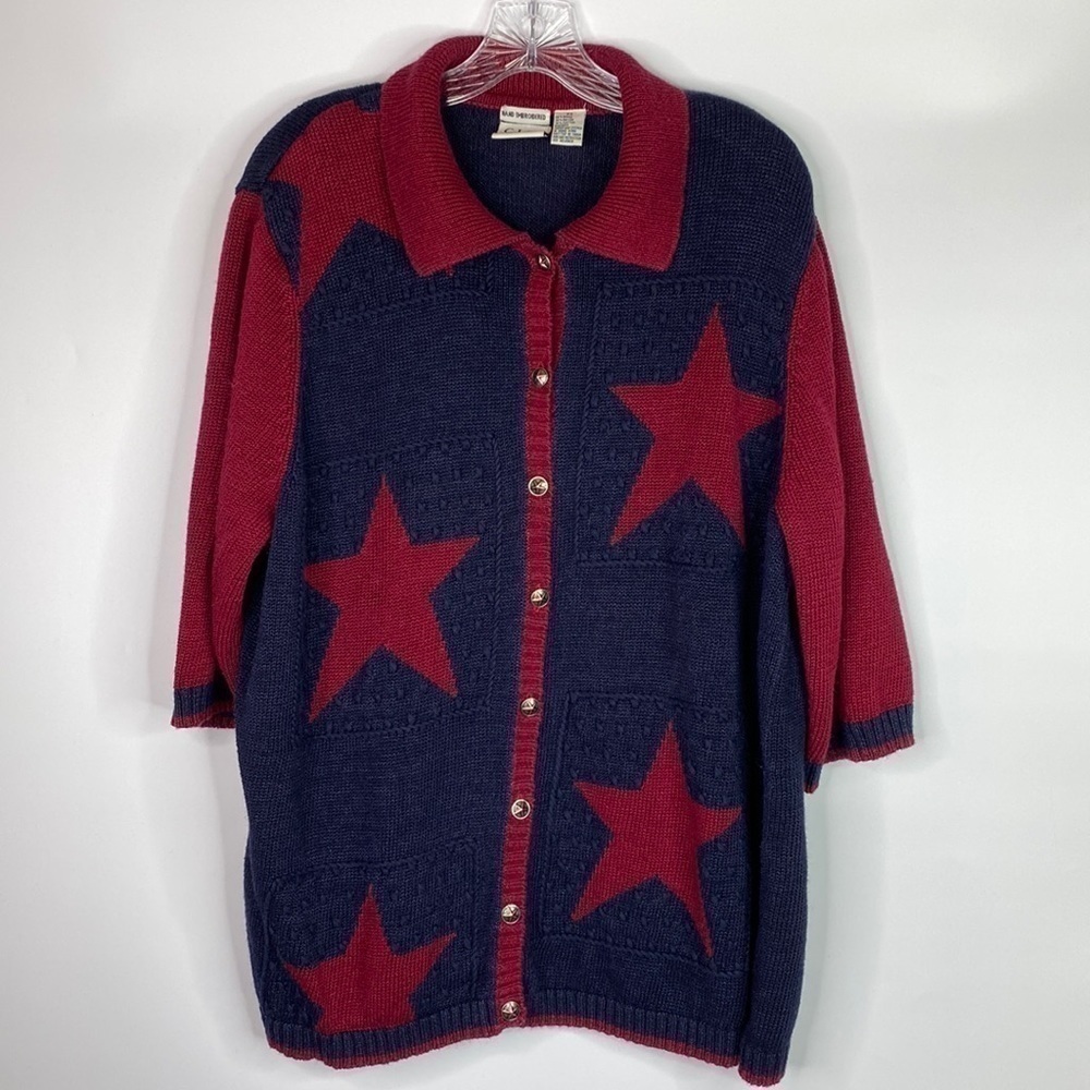 C.J. Banks Hand Embroidered Blue Red Star Button 1/2 Sleeve Sweater 2X